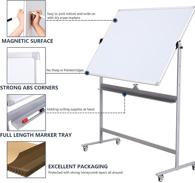 Double-Sided 72" x 48" Mobile Whiteboard, Extra Large Rolling Magnetic Dry Erase Board with Stand, Height Adjustable White Board Easel for Office, Classroom & Home