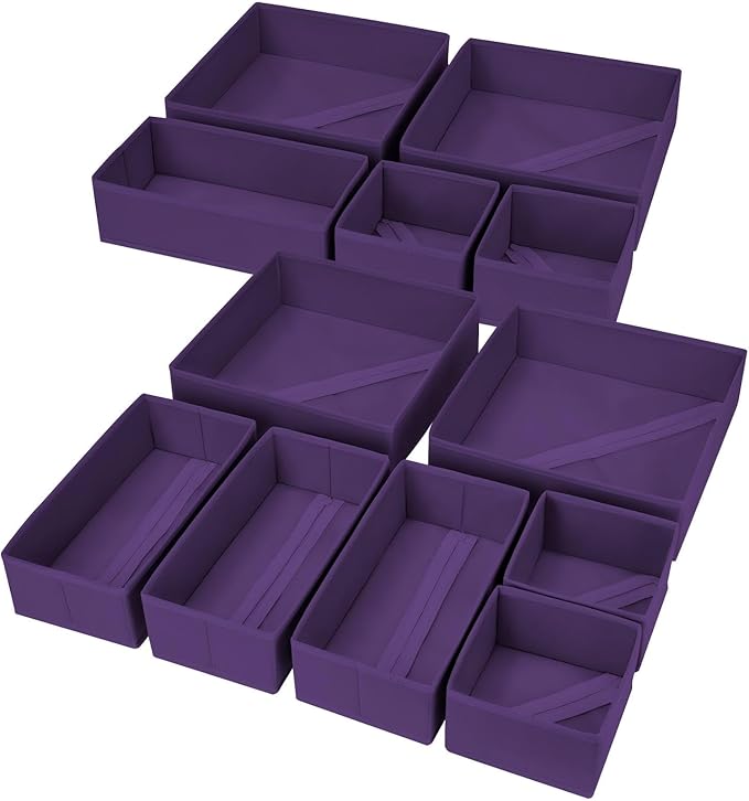 DIMJ Drawer Organizer Clothes, 12 Pack Dresser Organizer, Foldable Closet Organizers and Storage, Fabric Dresser Bins, Drawer Dividers for Nursery, Baby Clothes, Underwears, Sock (Purple)