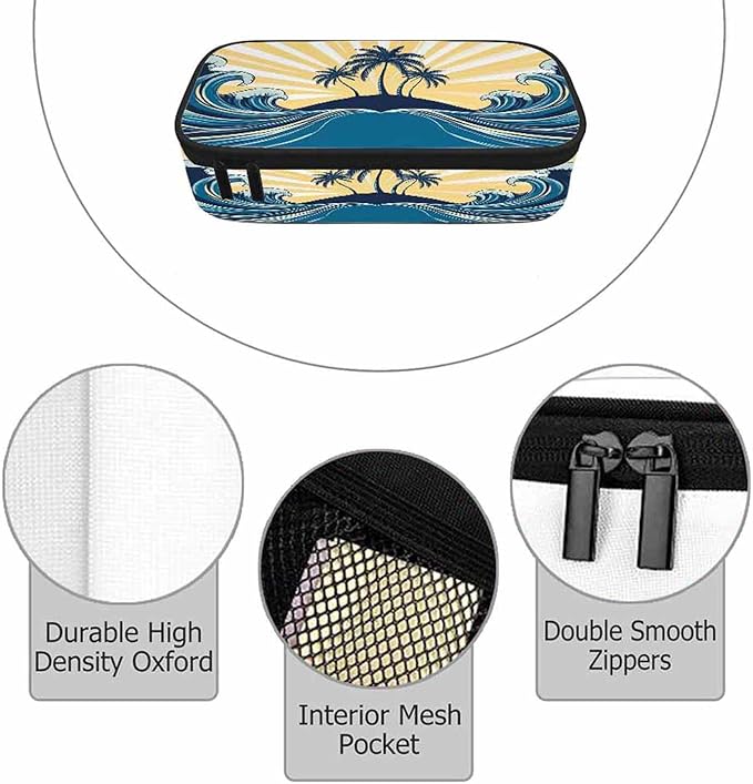 Tropical Beach Pencil Case Organizer Palm Trees Sunlight Blue Stationery Box Makeup Box School Supply for Boy Girl Men Women