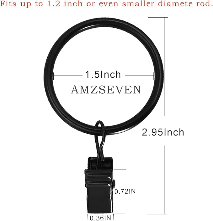 AMZSEVEN 100 Pack Metal Curtain Rings with Clips, Drapery Clips Hooks, Decorative Curtain Rod Clips 1.5 in Interior Diameter, Vintage Black