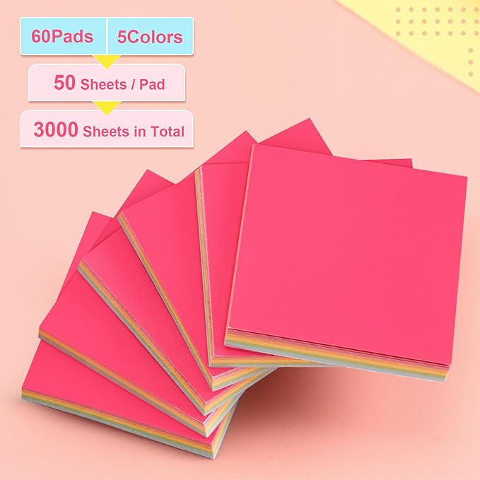 Thenshop 60 Packs Sticky Notes Bulk 3x3 Inches Colorful Self Stick Note Pads Paper Memo for Office School Notebook Supplies, 60 Pads, 50 Sheets/pad (Bright Color)