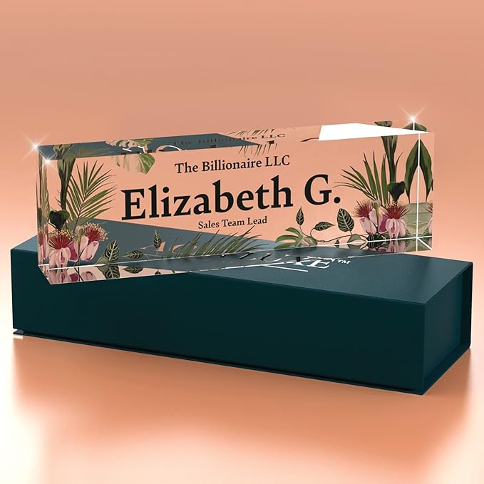 Desk Name Plate Personalized, Custom Name Plates 2½/x8 Inches, Thick Crystal-Clear Acrylic, Gift Box, Office Desk Decor. USA Made by ACRYLUXE (Garden)