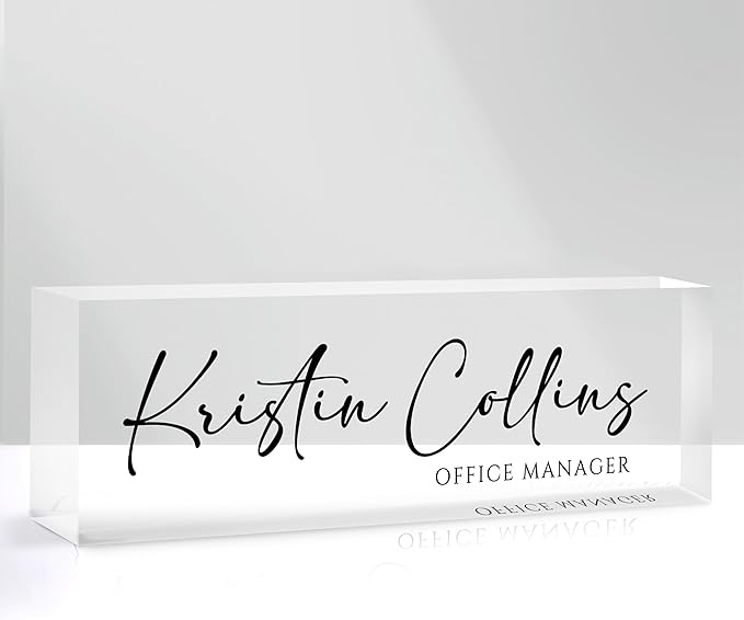 Custom Name Plate for Desk, Personalized Desk Name Plate on Clear Acrylic Glass, Appreciation Gifts for Teacher Employee Boss Coworkers Nurse, Office Desktop Accessories For Women Men (Ink)