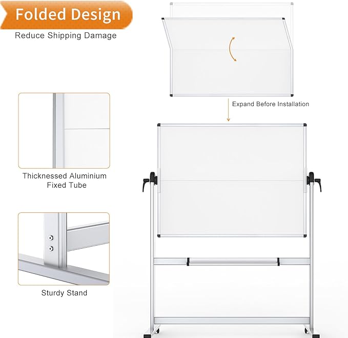 VIZ-PRO Double-Sided Mobile Whiteboard, 48 x 48 Inches, Magnetic Rolling Dry Erase White Board on Wheels with Aluminium Frame and Stand 4' x 4'