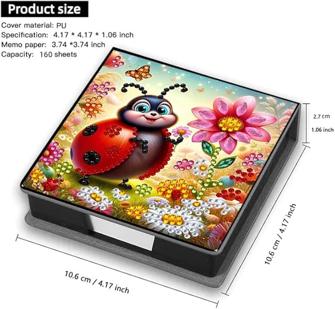 Ladybug Diamond Painting Note Box Memo Pad Holder, Diamond Art Sticky Notes Organizer for Desk, Aesthetic Stationery Storage Case for Office,School Supplies (Ladybug)