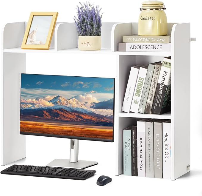VEVOR Wood Desk Shelf, Desktop Bookshelf, Desk Storage Hutch with 6 Shelves, Office Countertop Organizer 3-Tier Display Rack, with Anti-Slip Feet Pads, for Office, Home & Dorm, White
