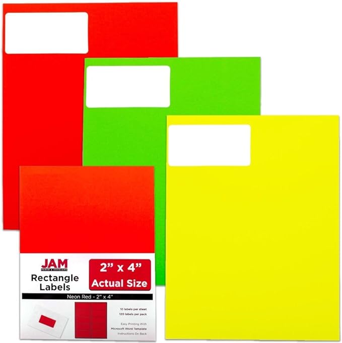 JAM PAPER Shipping Address Labels - Standard Mailing - 2 x 4 - Assorted Bright Neon Fluorescent - 6 Packs of 20 Labels - 120 Labels Total