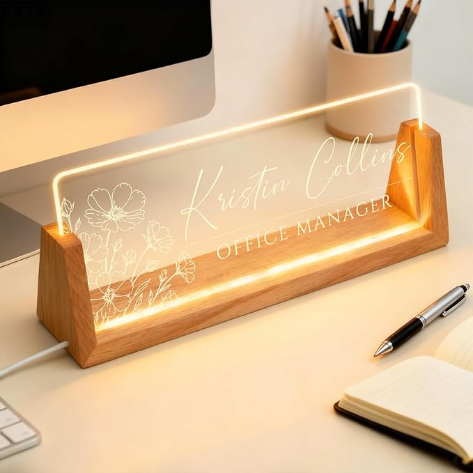 Personalized LED Name Plate for Desk, Light Up Acrylic Office Decor Desk Name Plate with Wooden Base, Custom Name Logo Quote, Appreciation Gifts for Boss Coworkers Employee Women Men (Bloom)