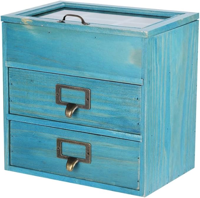 Wooden Storage Box Wooden Desk Organizer with 2 Drawers and 6 Grids Apothecary Drawers Small Wooden Drawers Small Craft Storage Containers Jewelry Holder for Women(Glass Blue02)