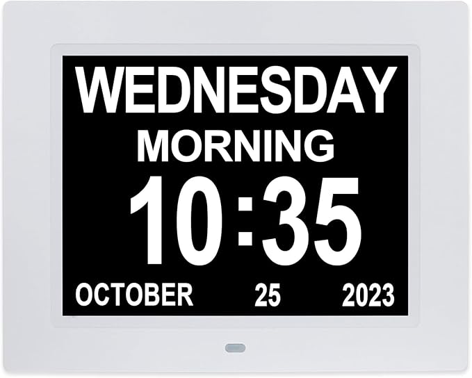 8 Inch Extra Large Calendar Day Date Time Clock with Non-Abbreviated Day Month Dementia Clocks Perfect for Senior Elderly Impaired Vision Memory Loss