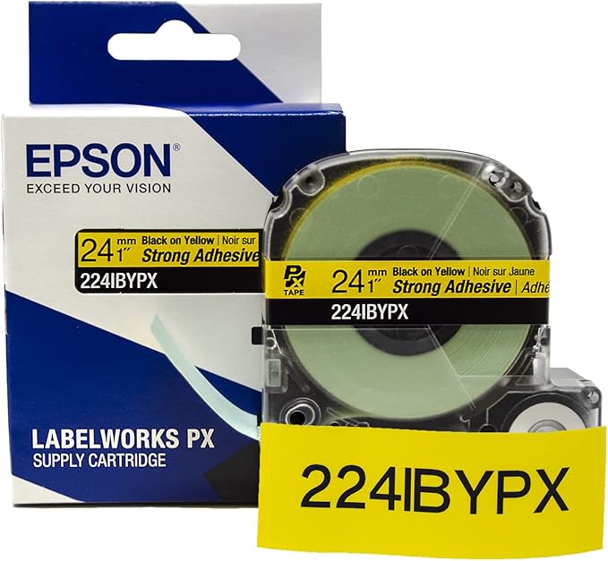 Epson LABELWORKS 224IBYPX Genuine PET (Polyester) Tape Cartridge - Black on Yellow Strong Adhesive Standard Industrial Label Maker Tape - 1" (24MM) Wide, 30'