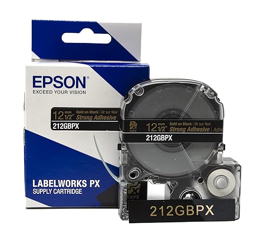 Epson LABELWORKS 212GBPX Genuine PET (Polyester) Tape Cartridge - Gold on Black Label Maker Tape - 1/2" (12MM) Wide, 30'