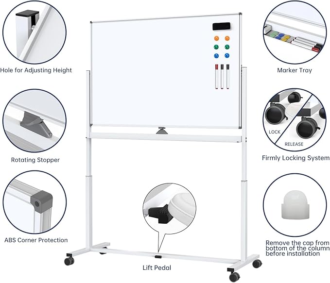Large Dry-Erase Rolling Magnetic Whiteboard - TSJ OFFICE 48 x 32 Inches Dry Erase Board with Stand Height Adjust Double Sides Mobile White Board Easel on Wheels Office, Home & Classroom