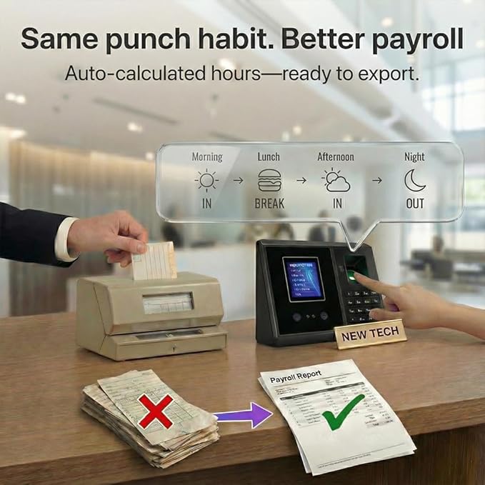 5s Setup Time Clock – App-Based, Multi-Punch Daily, Auto Break, Lunch & Overtime Rules, Local Data Storage, No Monthly Fees, 10 IC Cards, Time Clocks for Employees Small Business