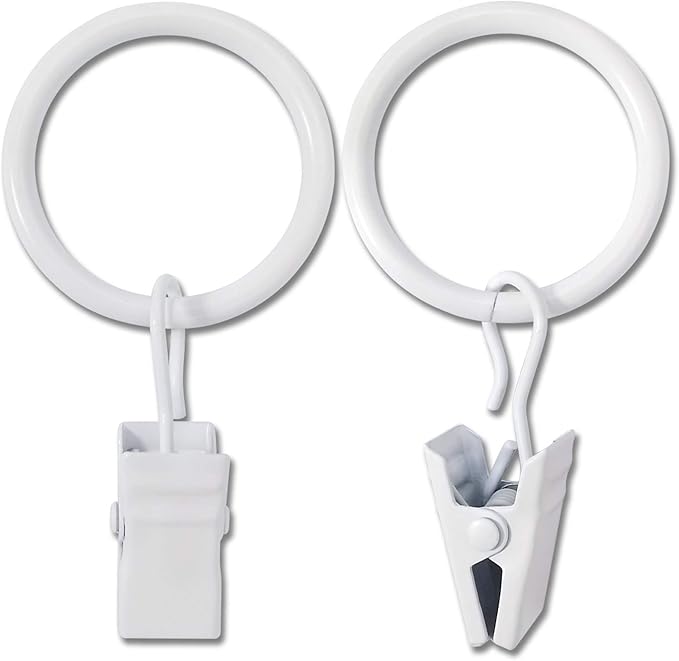 AMZSEVEN 44 Pack Metal Curtain Rings with Clips, Drapery Clips with Rings, Drapes Rings 1 inch Inner Diameter, Fits Diameter 5/8 inch Curtain Rods, White