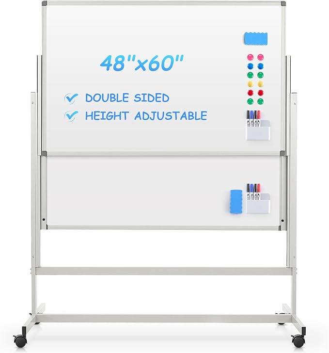MAKELLO Rolling Whiteboard on Wheels 60x48 in, Large Dry Erase Board with Stand, Double Sided Magnetic White Board for Office School Home, Height Adjustable, Aluminum Frame, 5'x4'