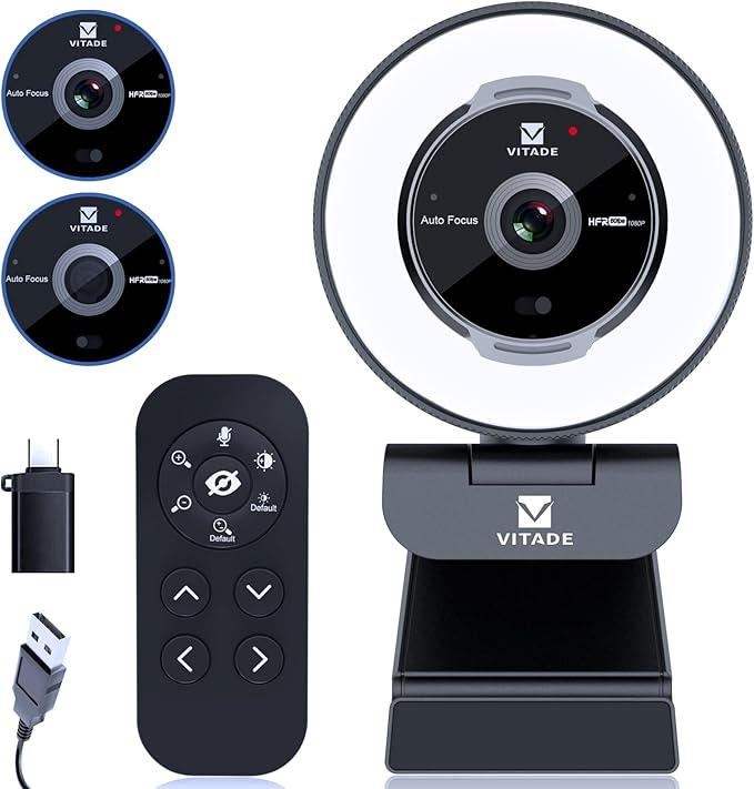 Vitade Zoomable Webcam with Remote Control, 1080P 60FPS Streaming with Ring Light and Microphone, Pro USB Webcam with 5X Digital Zoom and Privacy Cover for Zoom/Skype/Teams/PC/Laptop/Mac