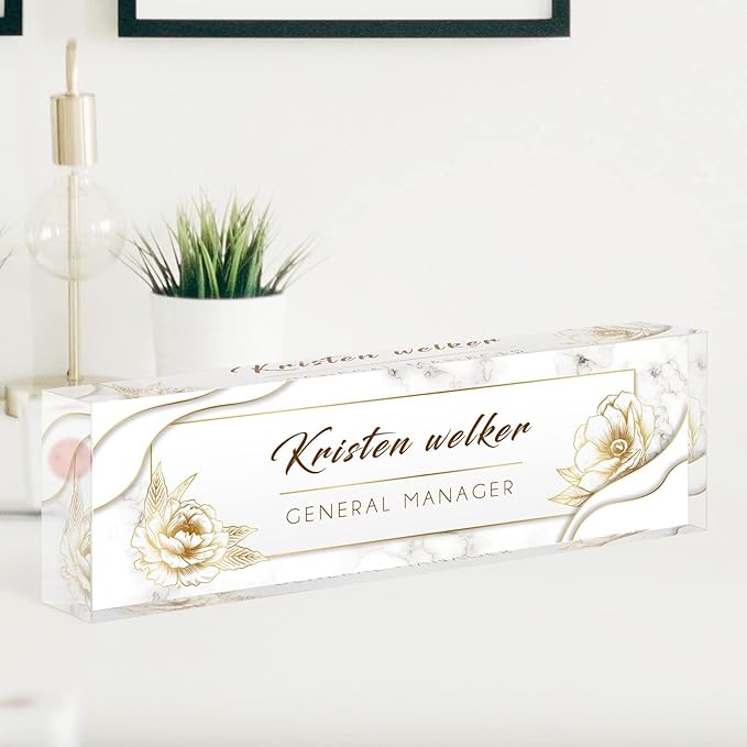 Personalized Office Name Plate for Desk, Custom Employee Appreciation Gifts, Acrylic Desk Name Plate Funny, Desk Decorations Gift, Acrylic Desk Ornaments… (White Marble Flowers)