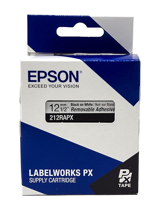 Epson LABELWORKS 212RAPX Genuine PET (Polyester) Tape Cartridge - Black on White Label Maker Tape, Removable Adhesive - 1/2" (12MM) Wide, 30'