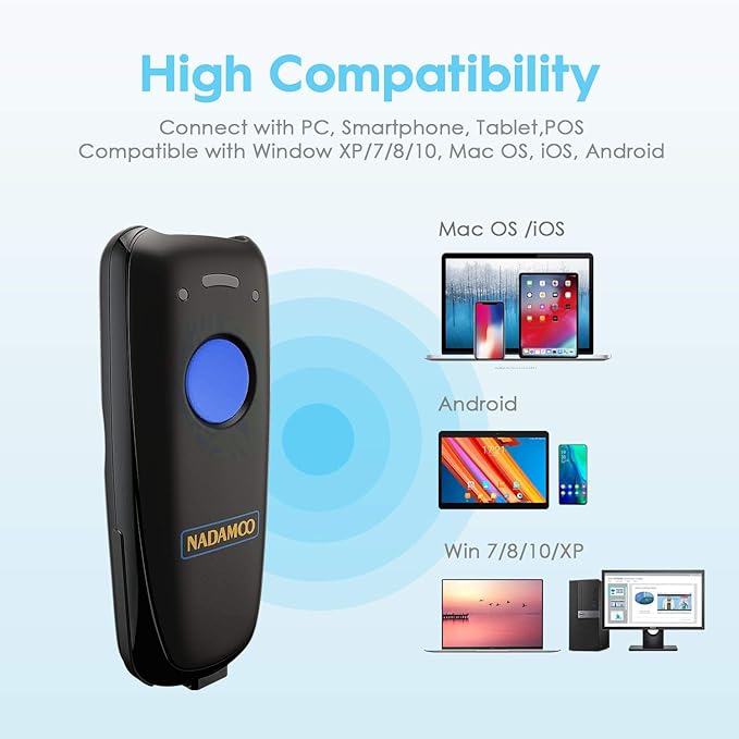 NADAMOO Wireless Barcode Scanner Compatible with Bluetooth, with Charging Dock, Portable USB 1D Bar Code Scanner for Inventory, 2.4G Wireless & Wired Barcode Reader for Tablet iPhone iPad Android iOS
