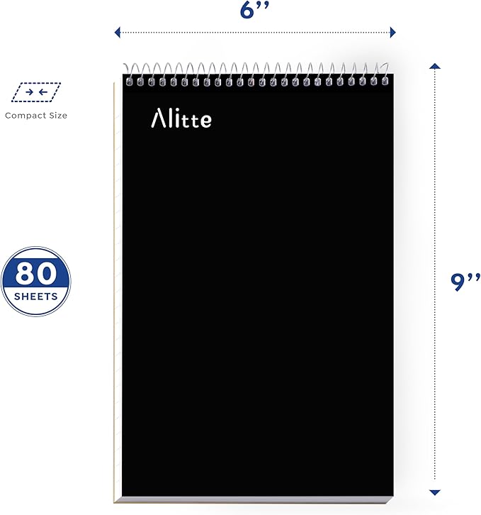 Alitte Steno Pads Spiral 6x9-24 Pack Black Colors - Perfect for Work, School, and Home Use, Easy Tear-Off Pages, Gregg ruled, White Paper - No Ink Bleeds - 80 Sheets