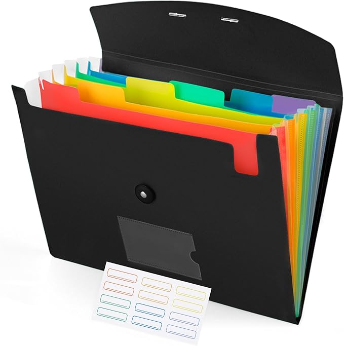 Accordion File Organizer, 7 Pockets Expanding File Folder with Labels, A4/Letter Size Portable Folders for Documents, Paper Organizer for School Office Supplies, Black