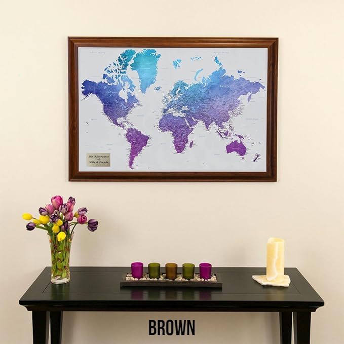 Personalized Vibrant Violet Watercolor World Travel Map with Brown Frame
