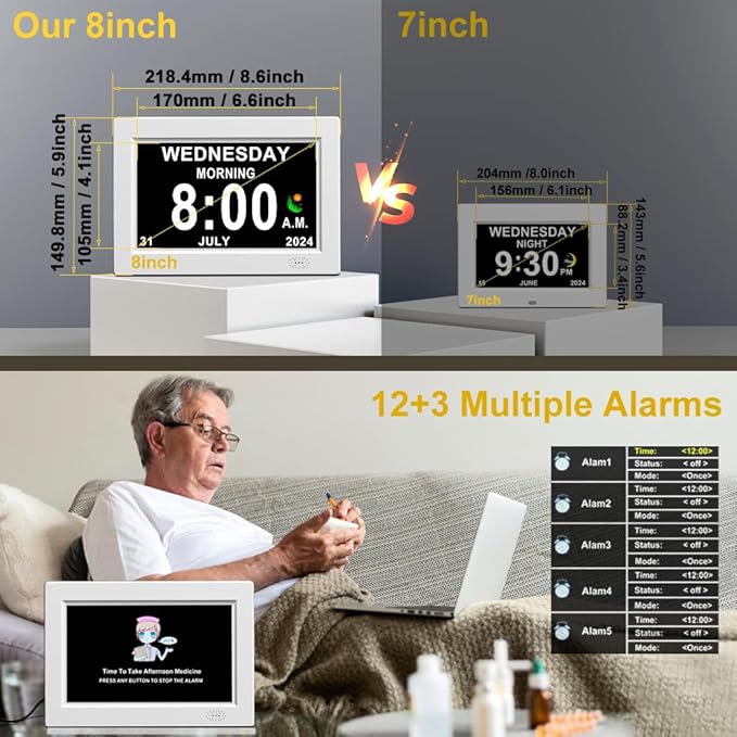 CAZOKASI 8inch Extra Large Impaired Vision Digital Alarm Clock with Day and Time for Elderly Calendar Clock Auto Dimmable Clock