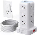 Surge Protector Power Strip Tower with Flat Plug, 10FT Ultra Thin Extension Cord with Multiple Outlets (1 USB-C), 1020J Protection，Desk Charging Station for Office, Dorm Room Essentials