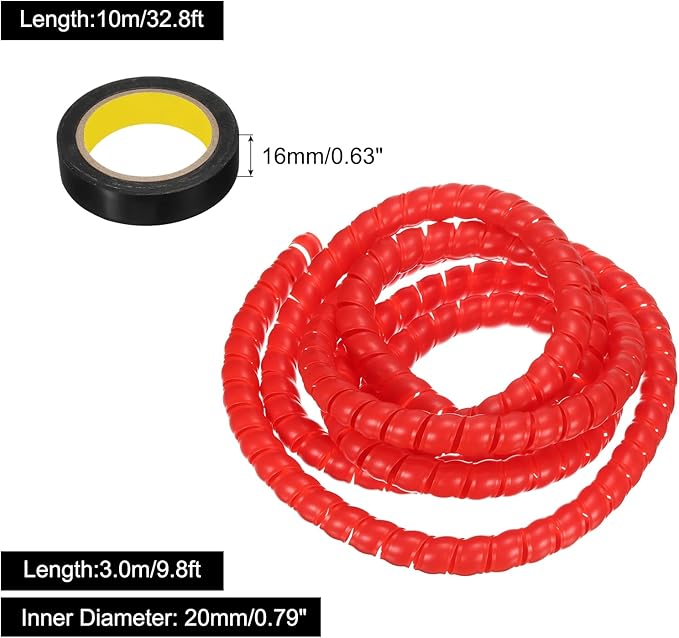 MECCANIXITY Spiral Cable Wrap 9.8ft/3.0M 20mm Cable Management Sleeve PP Insulation Cord Organizer for Computer Wire Power Cable Gas Pipe Red with Tape