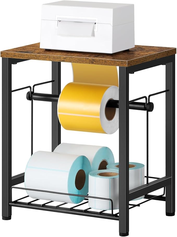 smusei Label Holder Thermal Shipping Label Holder for Rolls & Fan-Fold, Sticker Roll Holder with Basket Desktop Label Roll Dispenser Accessory for Home, Office, Small Business, Rustic Brown