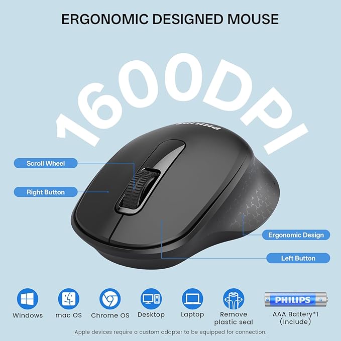 PHILIPS Wireless Keyboard and Mouse Combo-Ergonomic Keyboard and Mouse Wireless Combo with Silent Design,Plug n' Play,Sleep Mode and 2.4GHz Keyboard for Mac, Windows, Laptop-Black