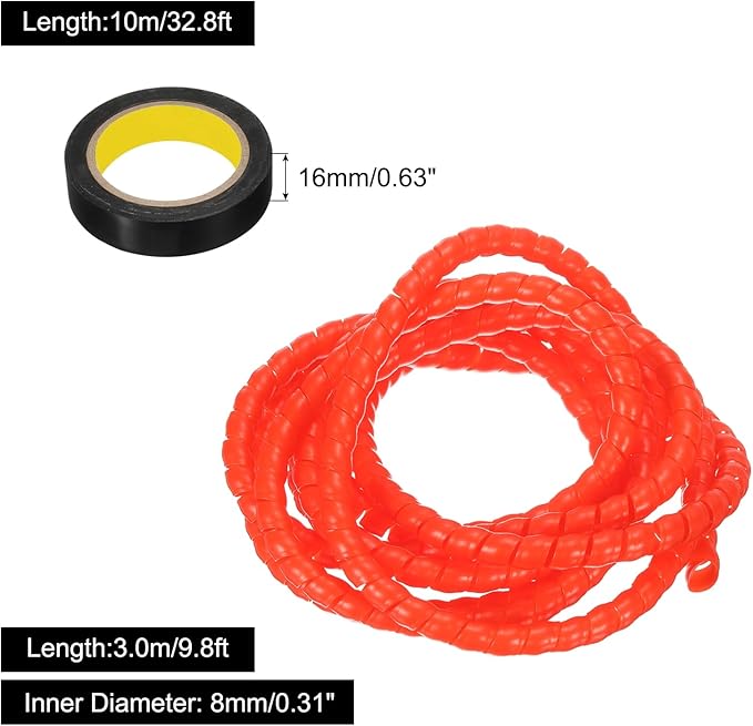 MECCANIXITY Spiral Cable Wrap 9.8ft/3.0M 8mm Cable Management Sleeve PP Insulation Cord Organizer for Computer Wire Power Cable Gas Pipe Red with Tape