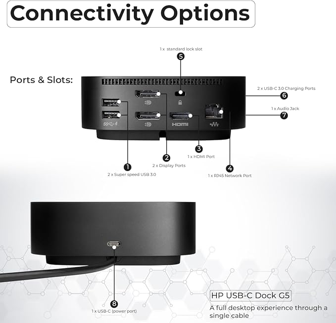 HP Docking Station for Laptop Dual Monitor and Charging Bundle - HP USB-C G5 Dock 5TW10AA / 5TW10UT / 5TW10AA#ABB with 120W Adapter, HDMI, DisplayPort, USB-C Cables & Microfiber Cleaning Cloth