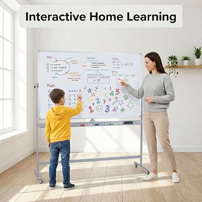 Large Double Sided Whiteboard 72x40 inches on Wheels, Height Adjustable Mobile Magnetic Dry Erase Board with Rolling Stand for Office Meetings, Classroom Teaching, Home, Silver Frame