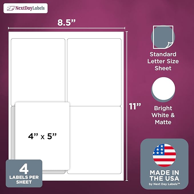 NextDayLabels – 4” x 5” Rectangular Sticker Labels for Printer - White Laser/Inkjet Printer Labels Return Address Labels Shipping Label Stickers (250 Sheets, 4 Per Sheet, 1000 Labels)