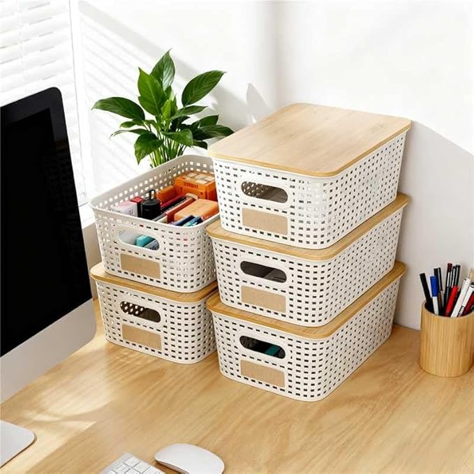 Plastic Storage Bins with Bamboo Lid - Pantry Storage Baskets with Lid - Stackable Container with Lable for Organizing: Small Storage Box for Shelves Office Cabinet Drawer Closet 9x7x4 In - White 6Pcs
