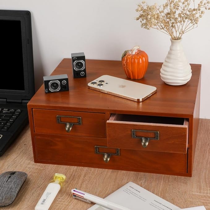 Wooden Storage Box Countertop Drawers Vintage Wooden Drawers Apothecary Cabinet Wood Desktop Organizer Box Library Card Catalog Cabinet（BROWN03）