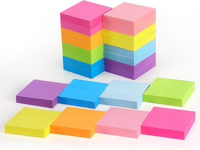 Sticky Notes 2x2 inch Bright Colors Self-Stick Pads 24 Pads/Pack 60 Sheets/Pad Total 1440 Sheets