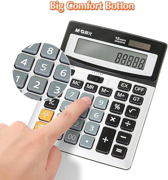 M&G Desk Calculator 12 Digit Extra Large LCD Display Calculators, Dual Solar Power and Battery, Battery Included, Metal Panel Comfort Button Calculator for Office Home