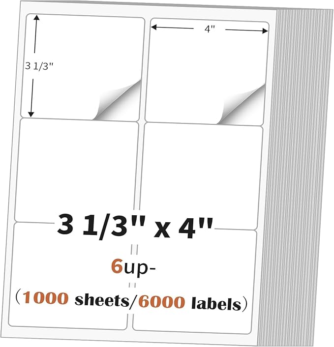 3 1/3" x 4" (1000 Sheets) Address Labels Sticker Paper for Laser/Ink Jet Printer, Printable and Writable White Sticker Label- Matte, 6 per Page Label (Total 6000 Labels)