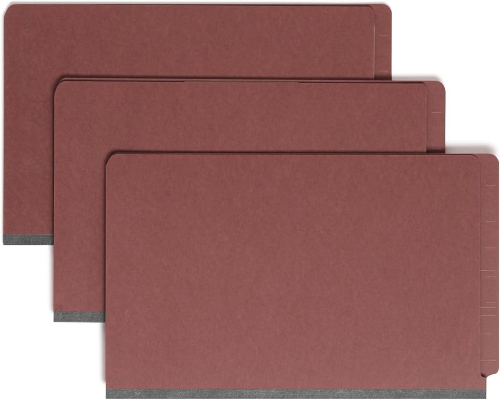 Smead 100% Recycled End Tab Pressboard Classification File Folder with SafeSHIELD Fasteners, 3 Dividers, 3" Expansion, Legal Size, Red, 10 per Box (29865)