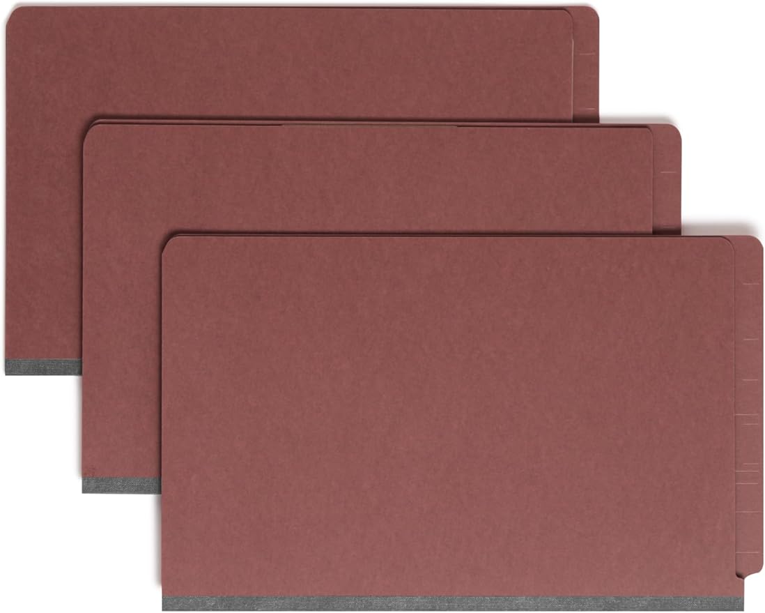 Smead 100% Recycled End Tab Pressboard Classification File Folder with SafeSHIELD Fasteners, 3 Dividers, 3" Expansion, Legal Size, Red, 10 per Box (29865)