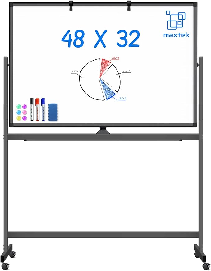 Rolling Dry Erase Board 48 x 32, maxtek Double-Sided Mobile White Board, Large Portable Magnetic Whiteboard with Stand - Easel Style Whiteboard with Wheels for Home Office Classroom School, Black