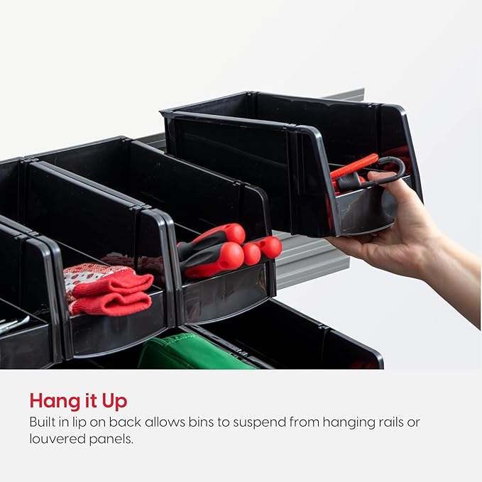 IRIS USA Extra Large Stackable Storage Bins, 6-Pack, 13" L x 10" W x 8" H, |Made in USA|, Plastic Open Front Shelf Bin for Organizing Parts, Hardware, Tools, Supplies, Garage Shelf, Pantry - Black
