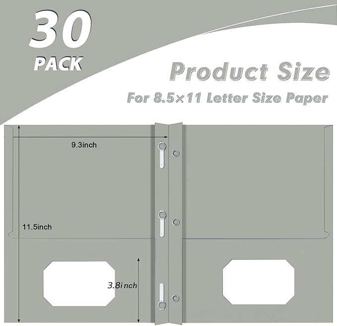 Two Pocket Folders, PANDRI 30 Pack Two Pocket Folders with Prongs, 3 Prong Folders Designed for Office and Classroom, Letter Size Grey
