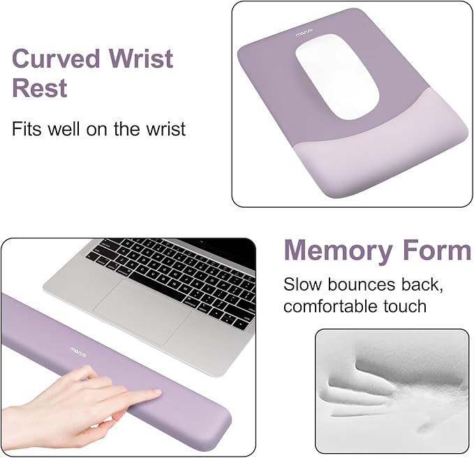 MOSISO Keyboard Mouse Pad Set, Large Gaming Mouse Pad&Rectangular Keyboard Wrist Rest&Mousepad with Wrist Rest&Coaster, Ergonomic Non-Slip&Easy Typing Pad with Curved Silicone Lining, Purple