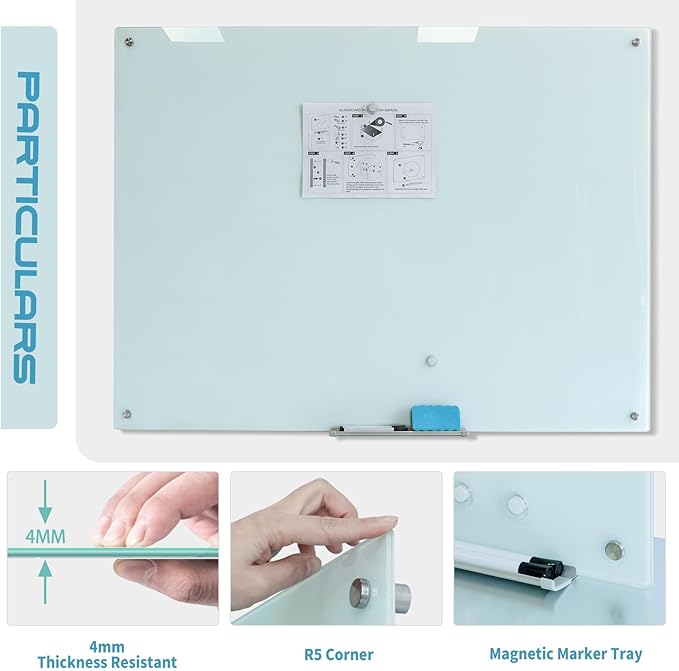 Magnetic Glass Whiteboard 48"x36" Glass Dry Erase Board 48"x36" Frameless Wall Mounted White Board Writing Board Glassboard for Office School Home Shop