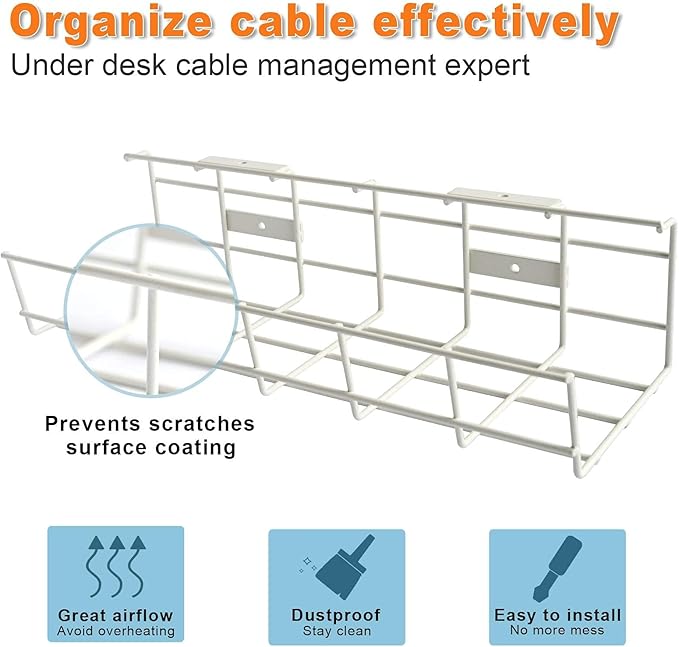 Under Desk Cable Management- 6 Pack Cord Organizer. Metal Wire Cable Management Tray for Office, Studio and Home. Super Sturdy Under Table Cable Managements - White Cable Organizer
