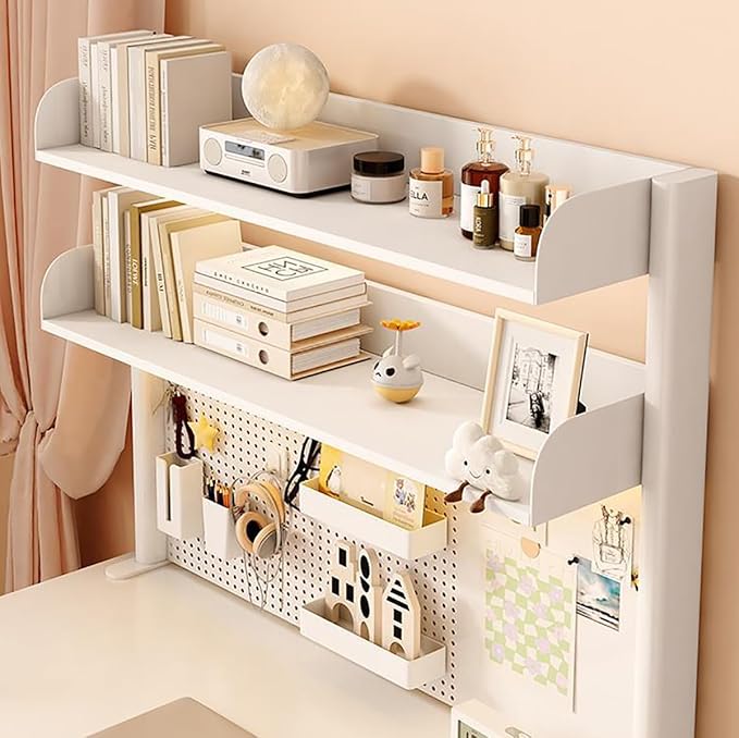 Clamp on Desk Shelf with Pegboard, White Desktop Organizer Bookshelf Storage Shelves for Home Office Dorm Gaming Desk, Space Saving Tabletop Display Rack Organization, 31.5x37.5in
